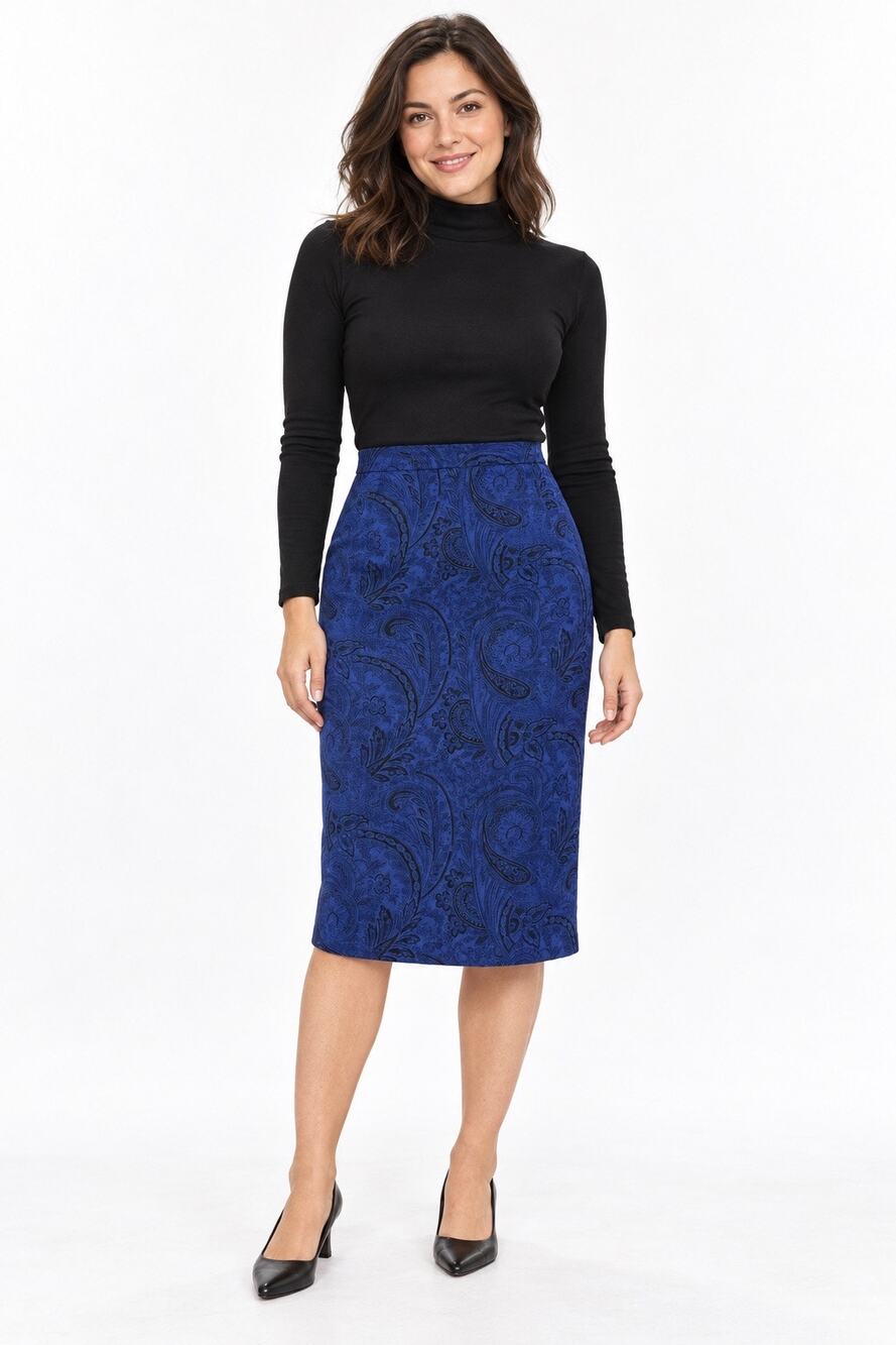 Vintage ’90s Positive Attitude Petite Dark Blue Paisley Print Knee Length Skirt